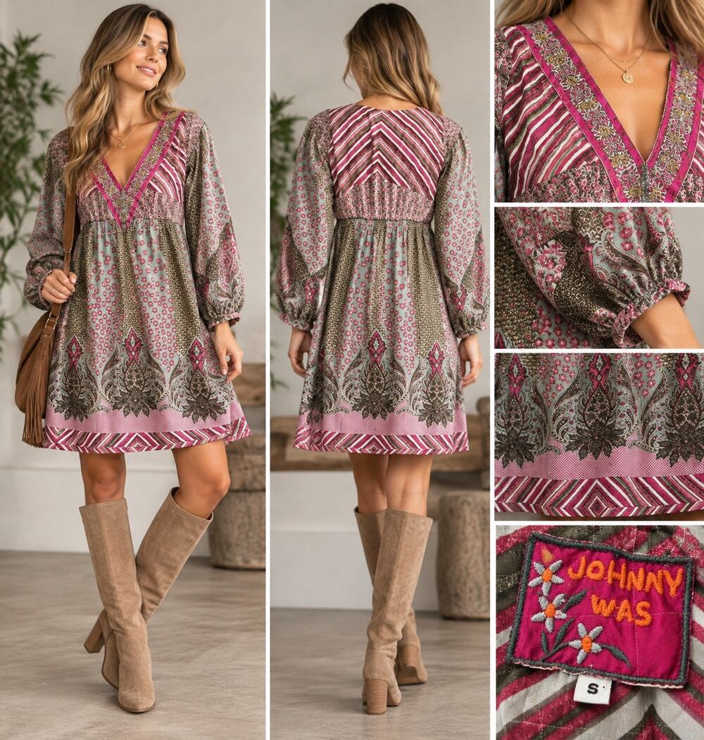Vintage Johnny Was Silk Lined Patchwork Boho Empire Peasant Dress S